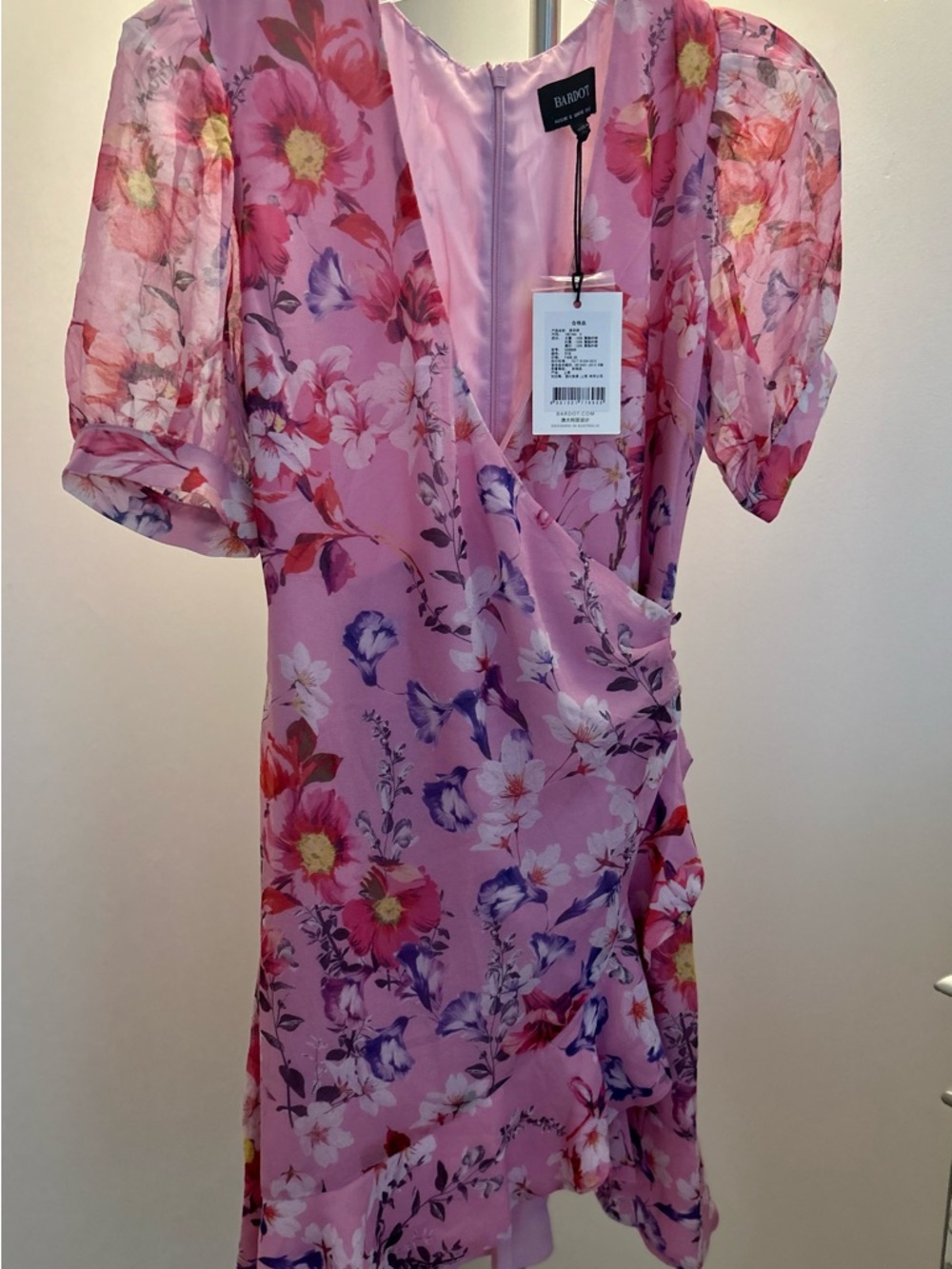 Bardot XS Pink Floral Wrap Mini Dress Puff Sleeve- New with Tags